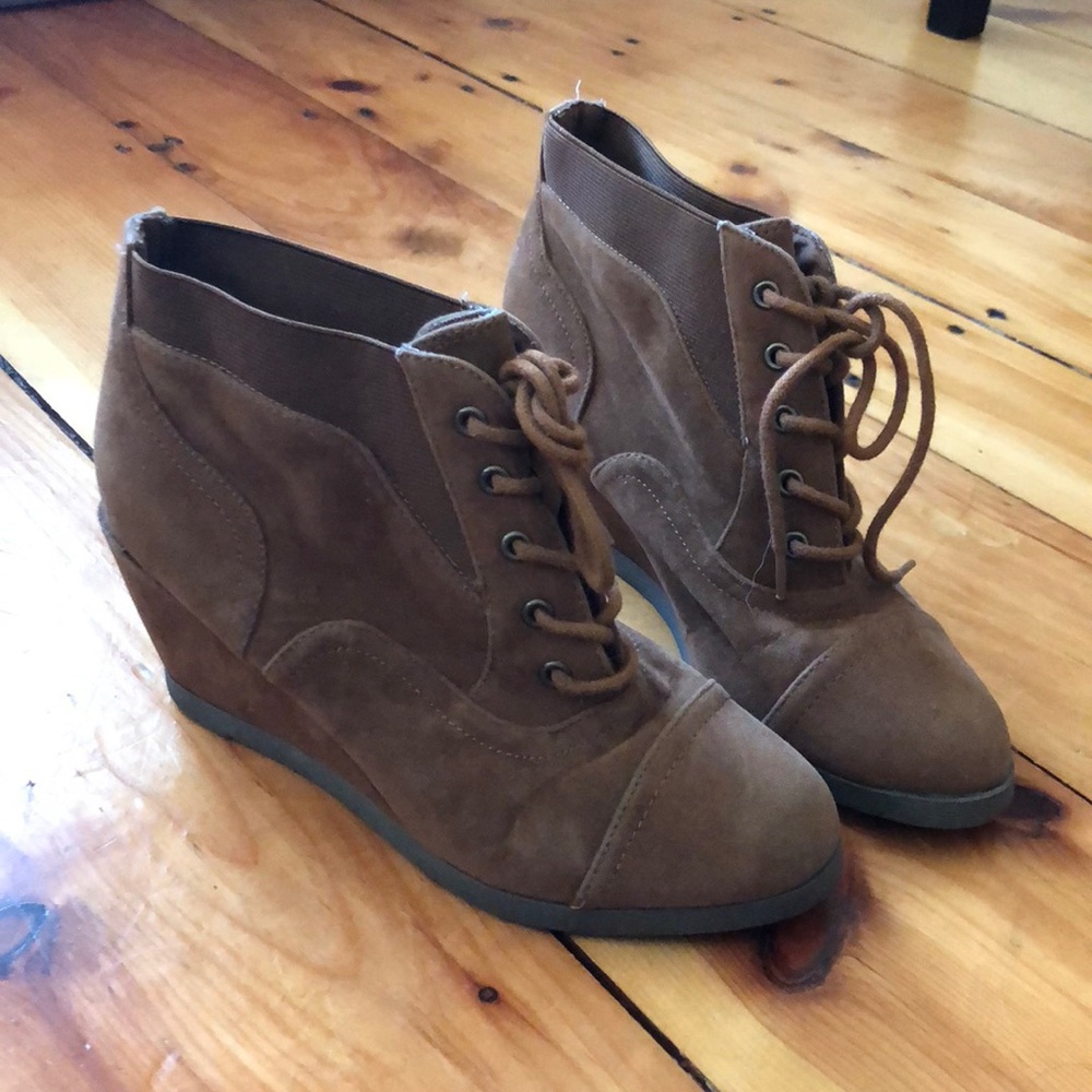 Brown wedge booties